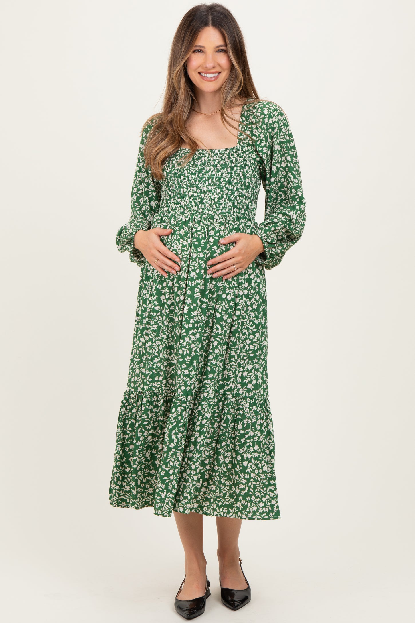 Green Floral Square Neck Maternity Maxi Dress
