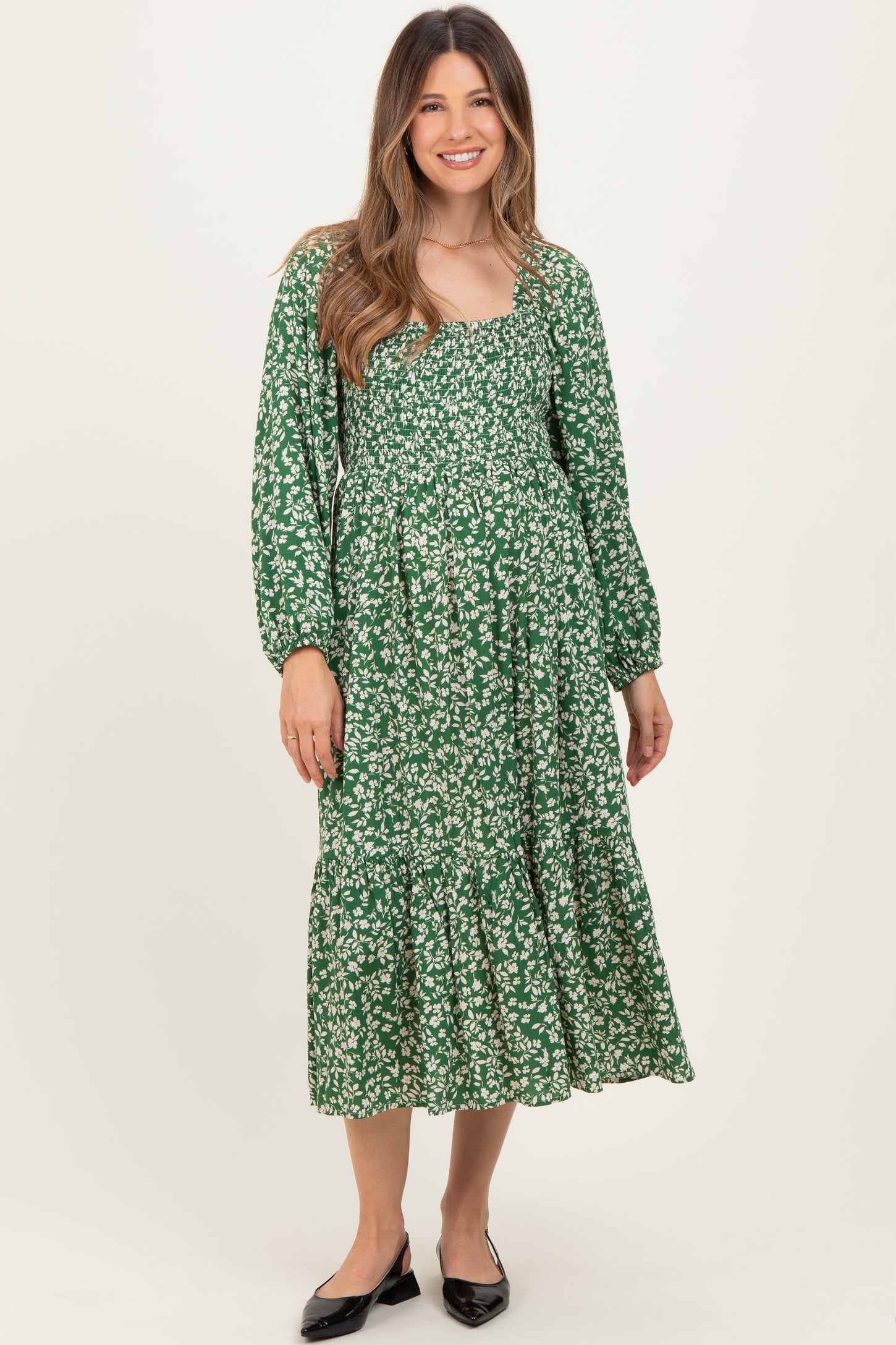 Green Floral Square Neck Maternity Maxi Dress