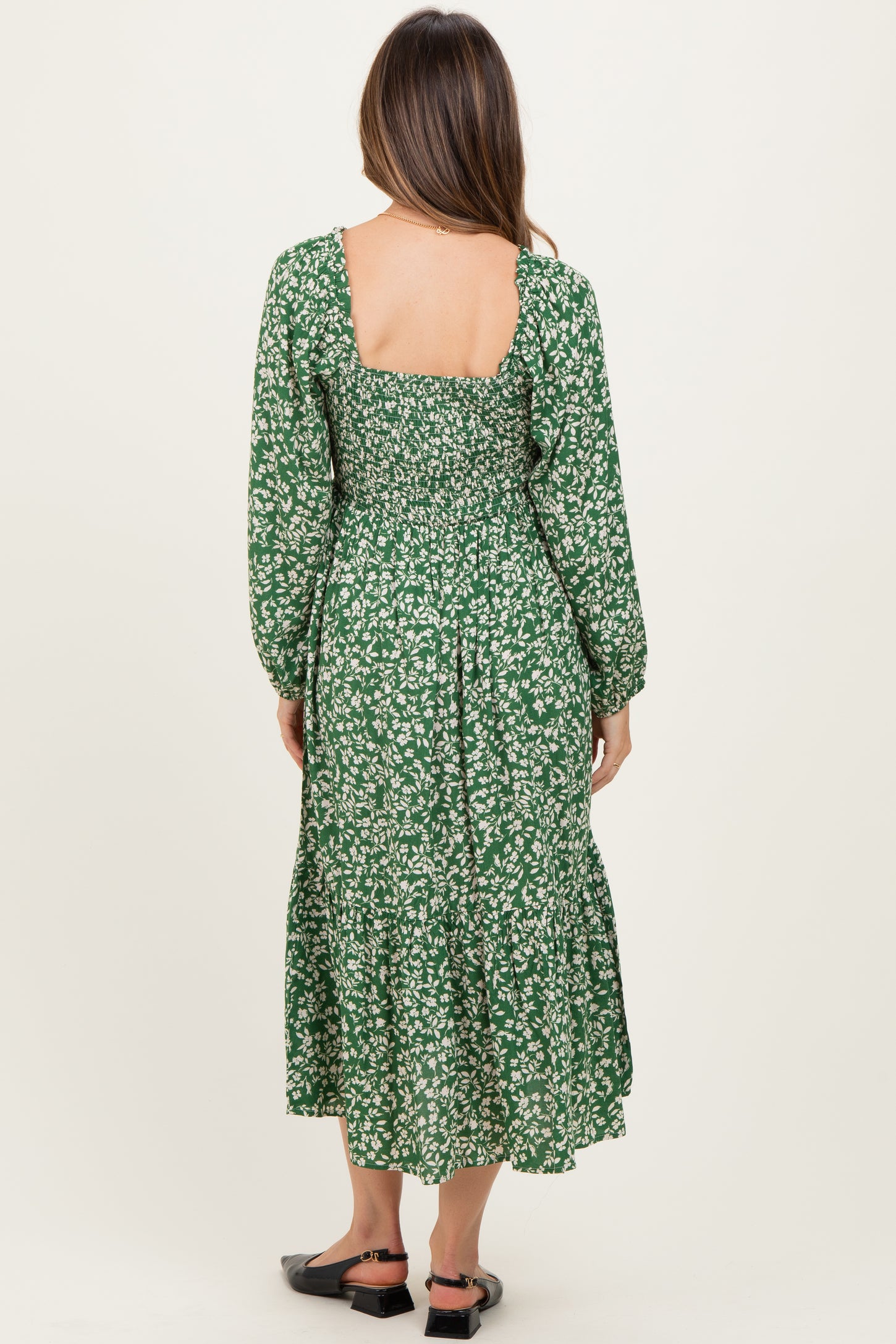 Green Floral Square Neck Maternity Maxi Dress