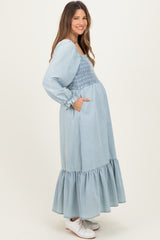 Light Denim Washed Sweetheart Maternity Maxi Dress