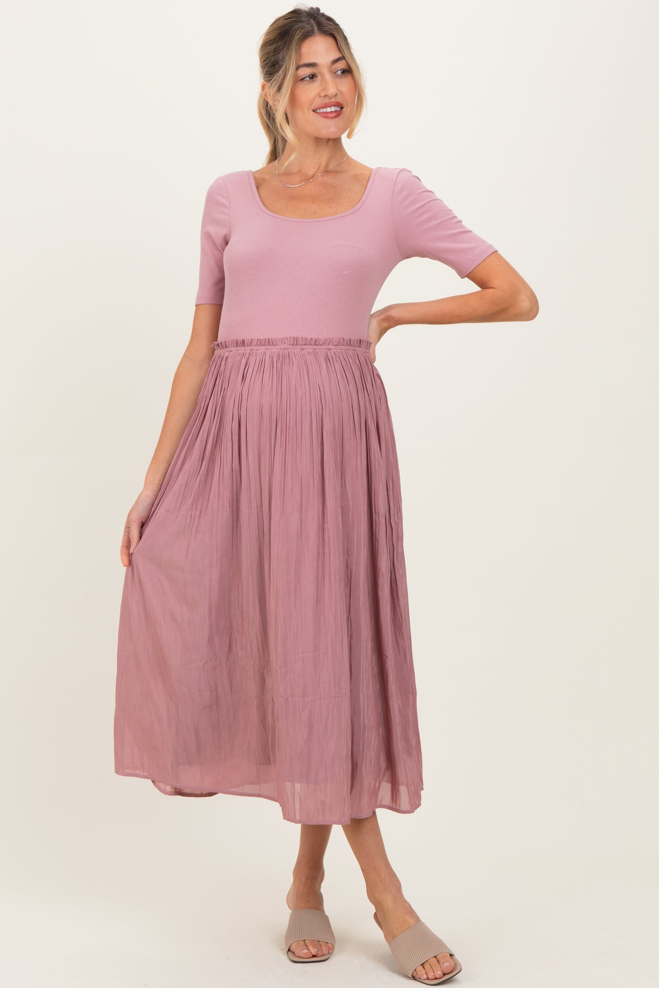 Mauve Scoop Neck Pleated Skirt Ballet Maternity Dress