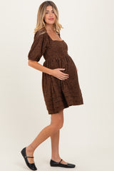 Mocha Floral Corduroy Puff Sleeve Babydoll Mini Maternity Dress
