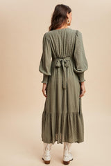 Dusty Olive Swiss Dot Button Down Maxi Dress
