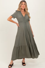 Olive Lace Trim Button Down Maternity Maxi Dress