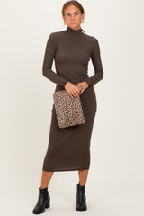 Brown Turtle Neck Long Sleeve Rib Fitted Maternity Midi Dress