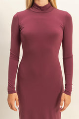 woman wearing a burgundy long sleeve turtleneck dress