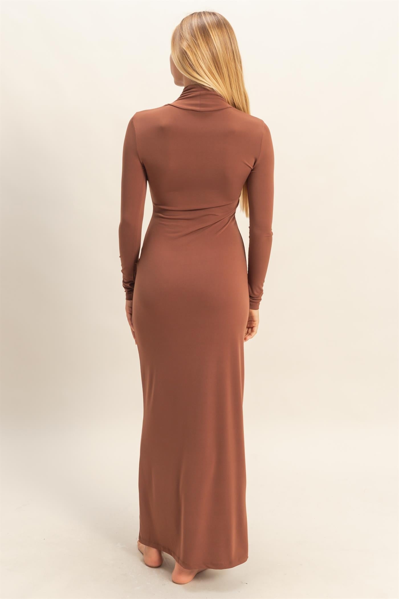 woman wearing a brown long sleeve bodycon maxi dress, shown from the back
