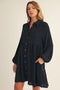 Black Tiered Back Detail Button Down Dress