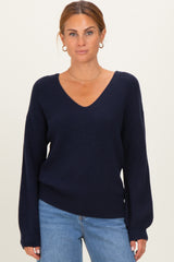 Navy V-Neck Drop Shoulder Back Bow Tie Detail Sweater