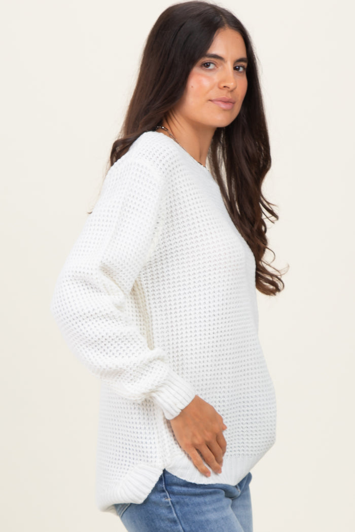 Ivory Waffle Knit Rounded Hem Sweater