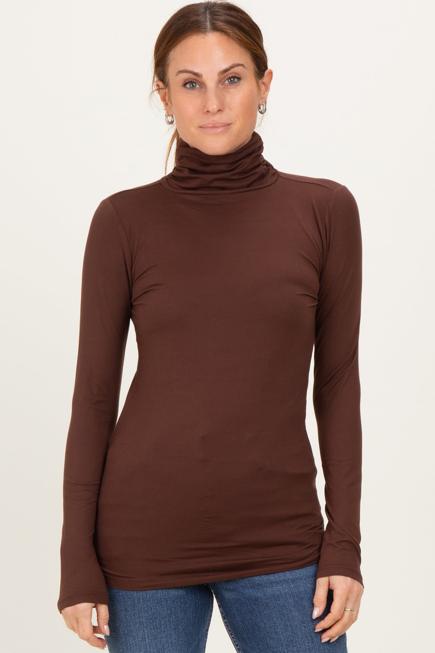 Brown Brushed Knit Basic Turtleneck Maternity Top