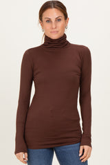 Brown Brushed Knit Basic Turtleneck Maternity Top