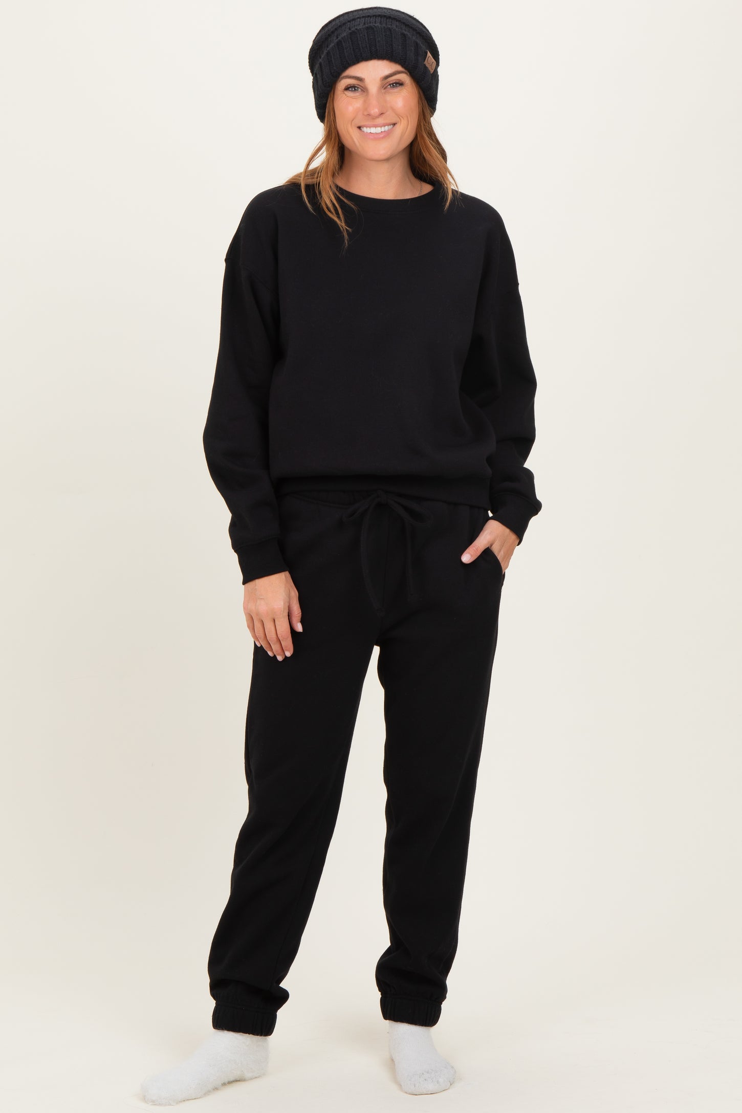 Black Fleece Long Sleeve Maternity Pullover & Jogger Set