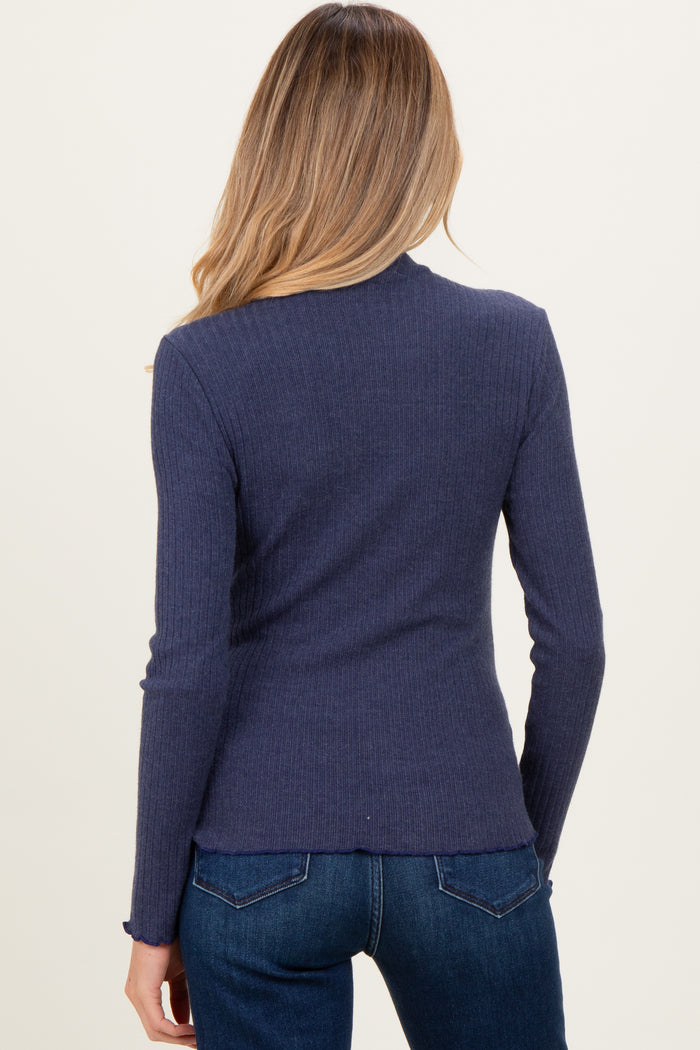 Navy Ribbed Mock Neck Ruffle Hem Maternity Long Sleeve Top