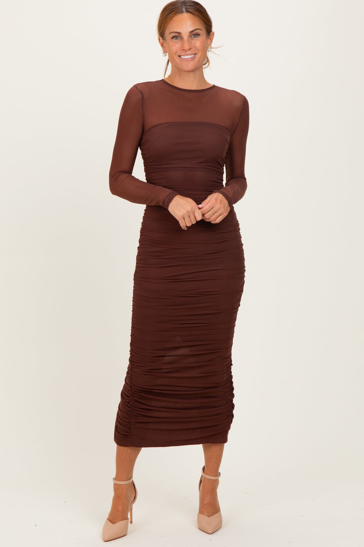 Brown Mesh Ruched Long Sleeve Maternity Midi Dress