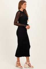 Black Mesh Ruched Long Sleeve Midi Dress