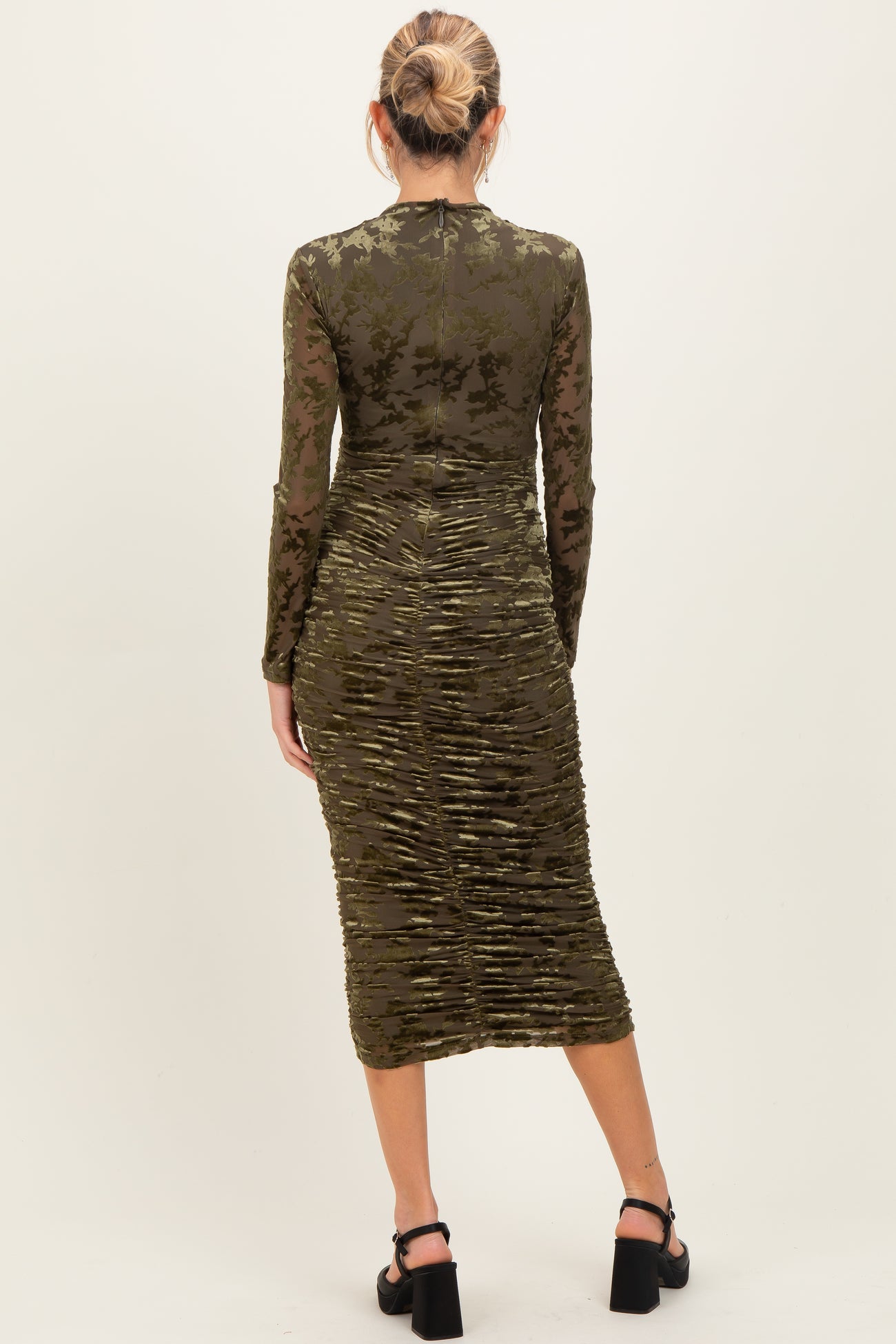 Olive Floral Velvet Mesh Ruched Maternity Midi Dress