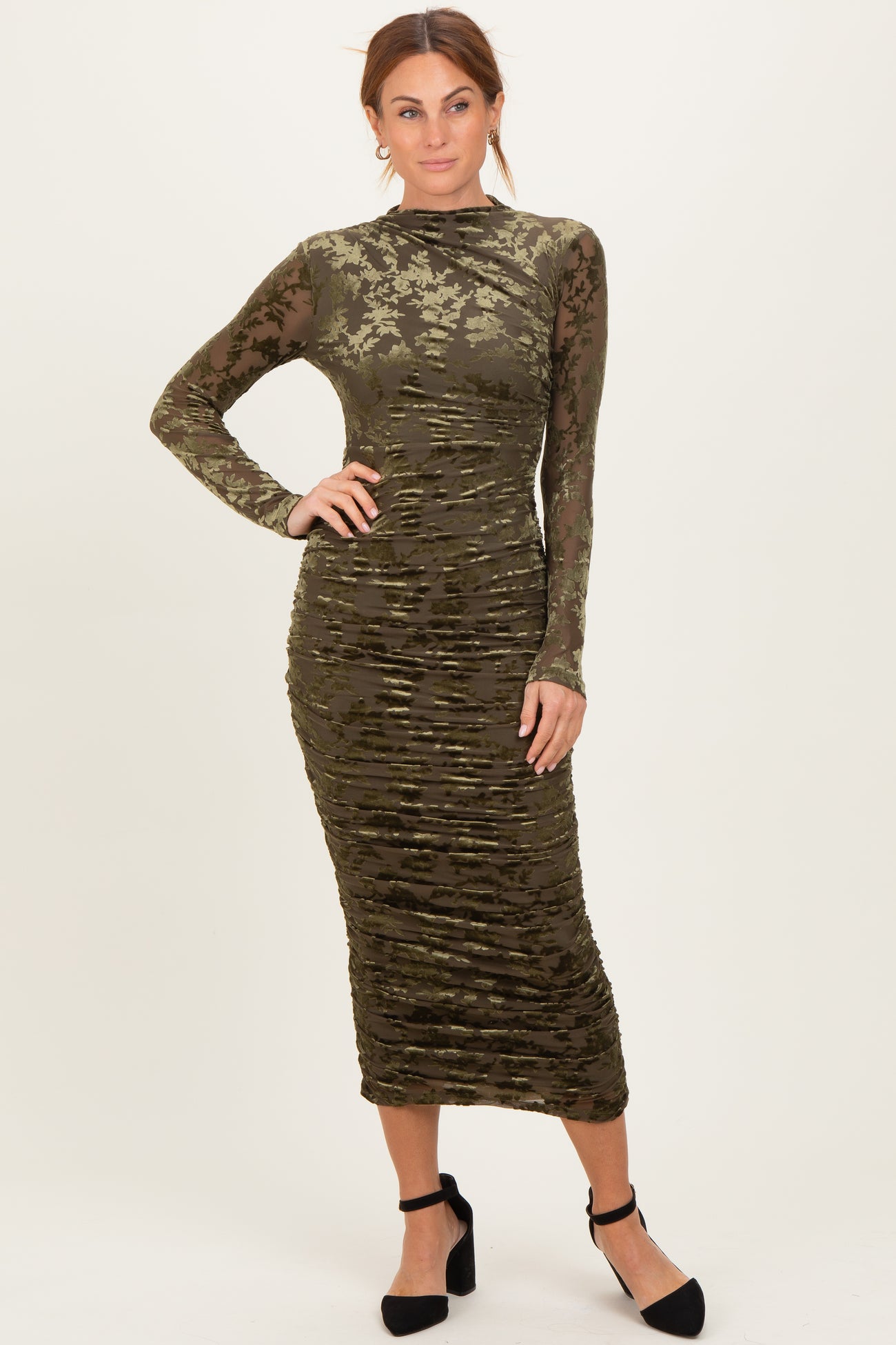 Olive Floral Velvet Mesh Ruched Maternity Midi Dress