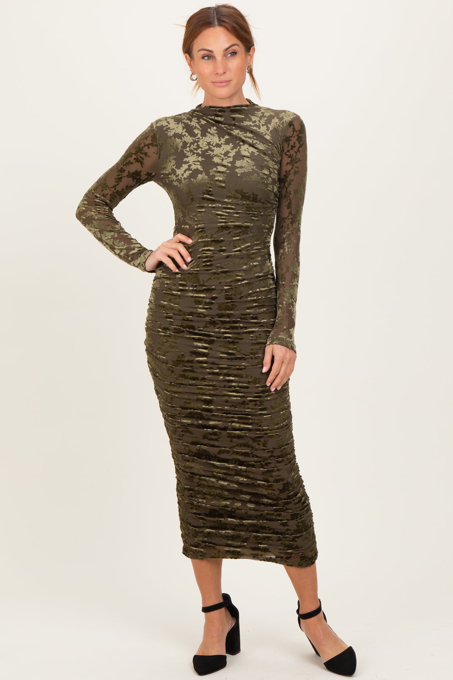Olive Floral Velvet Mesh Ruched Maternity Midi Dress