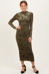 Olive Floral Velvet Mesh Ruched Maternity Midi Dress