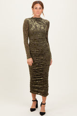 Olive Floral Velvet Mesh Ruched Midi Dress