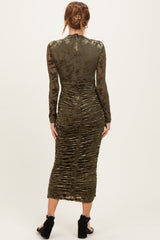 Olive Floral Velvet Mesh Ruched Midi Dress