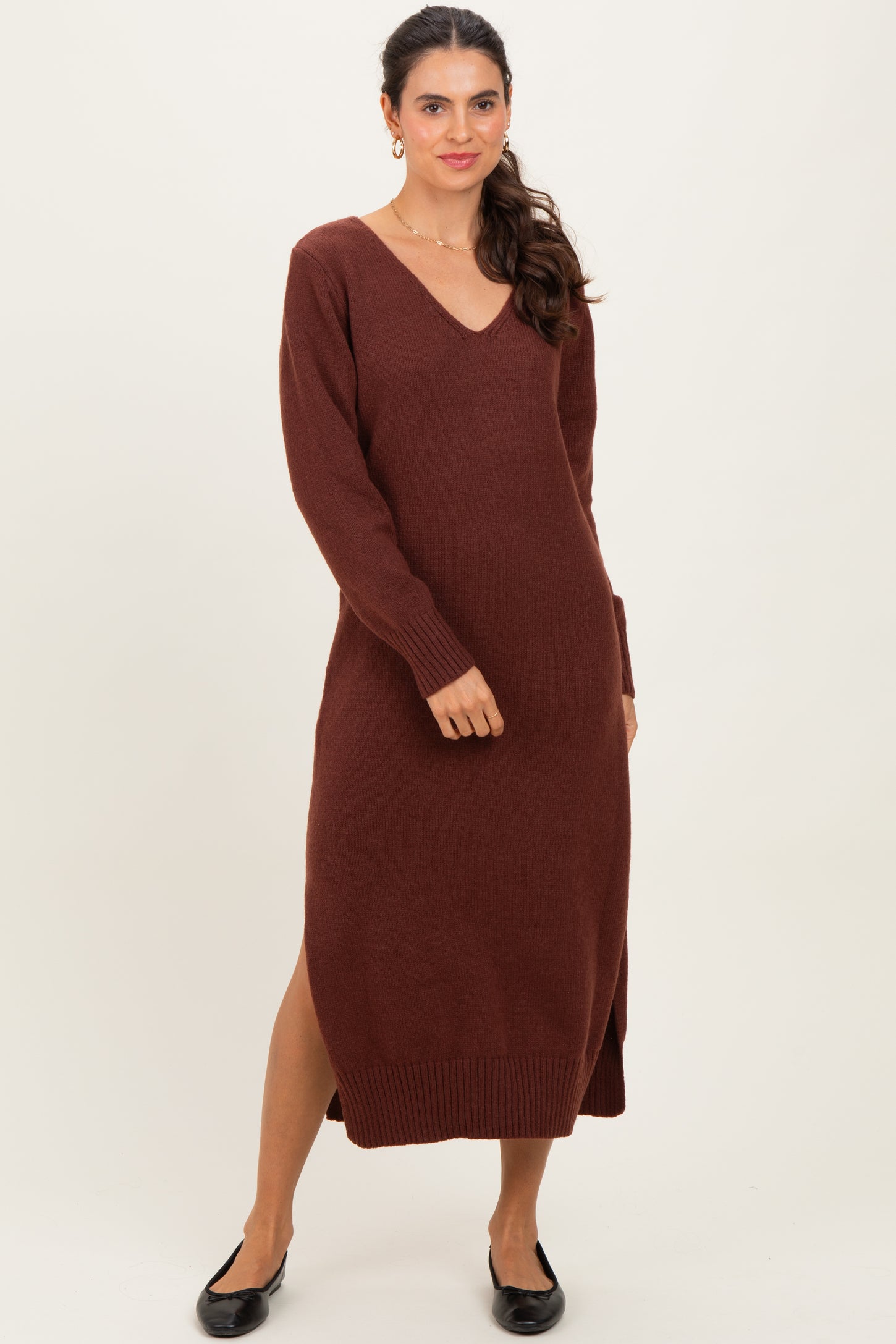 Brown V-Neck Relaxed Fit Sweater Dress