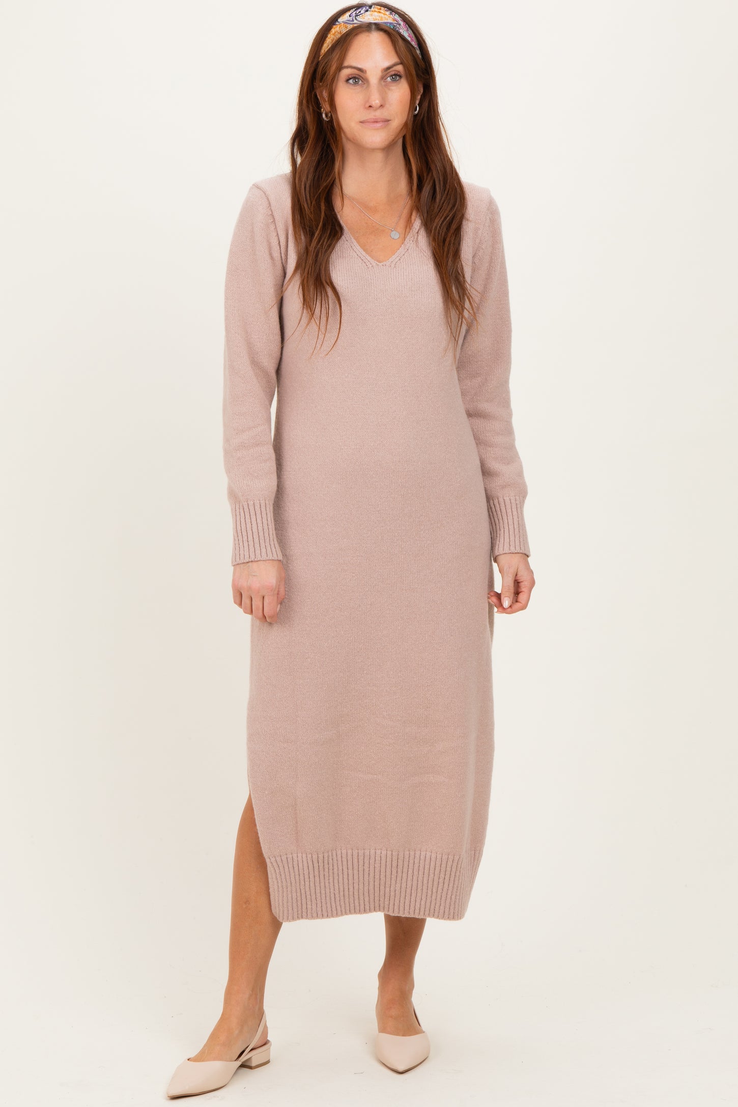 Taupe V-Neck Relaxed Fit Maternity Sweater Dress
