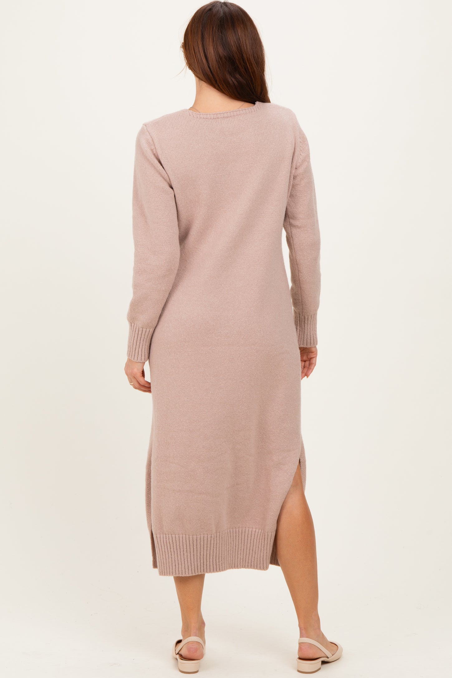 Taupe V-Neck Relaxed Fit Sweater Dress
