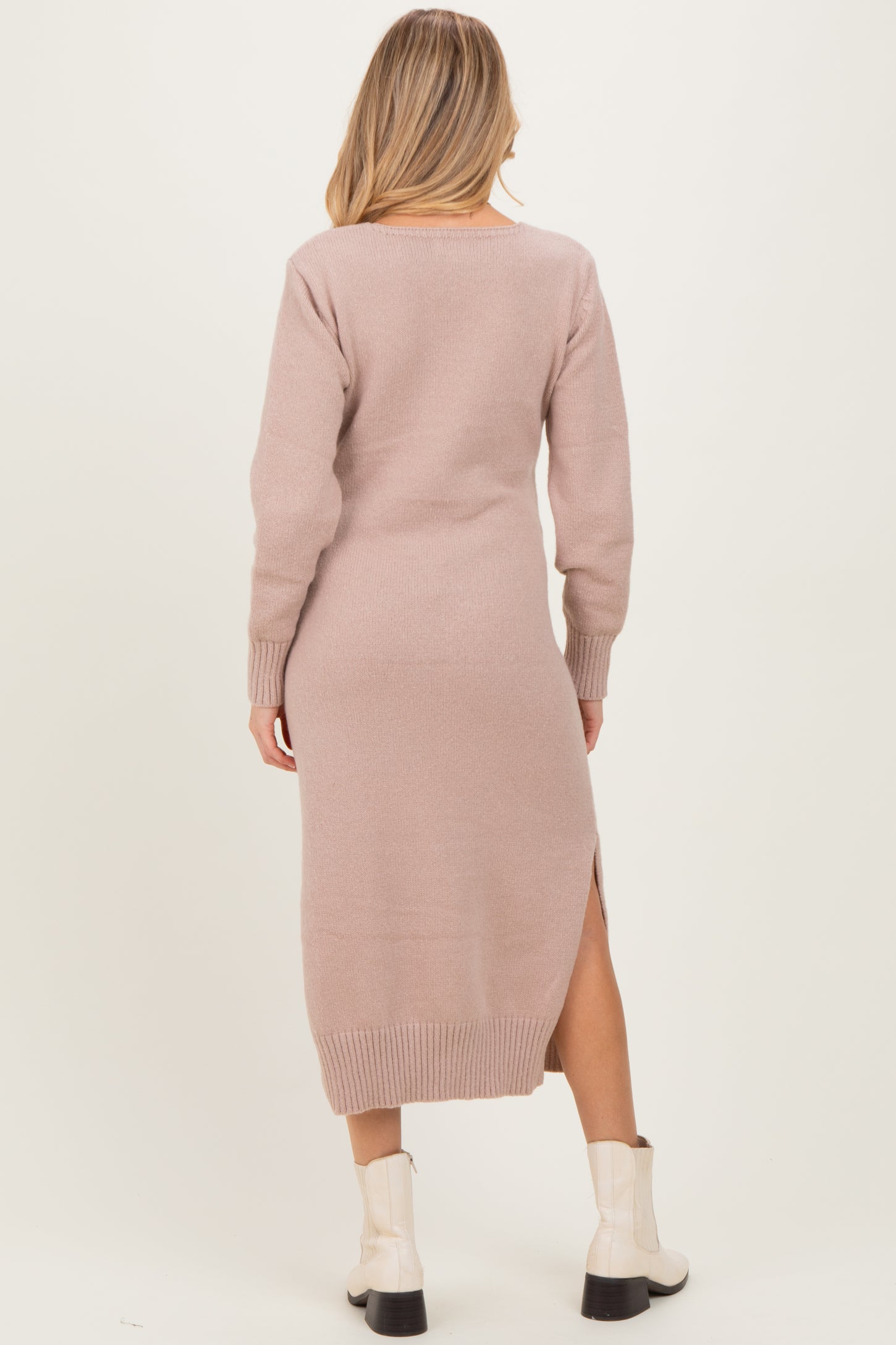 Taupe V-Neck Relaxed Fit Maternity Sweater Dress