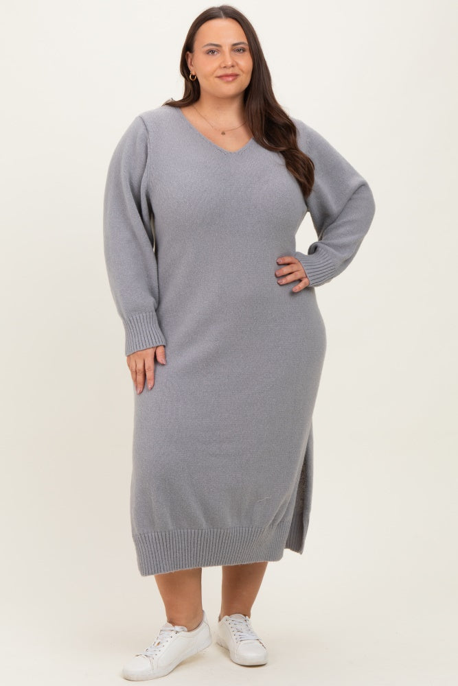 Heather Grey V-Neck Relaxed Fit Maternity Plus Sweater Dress