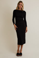 Black Boat Neck Ruched Long Sleeve Maternity Midi Dress