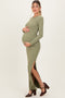 Light Olive Ribbed Long Sleeve Side Slit Maternity Maxi Dress