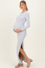 Light Grey Ribbed Long Sleeve Side Slit Maternity Maxi Dress