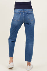maternity wear dark blue distressed straight leg jeans with a comfortable waistband, model shown from behind