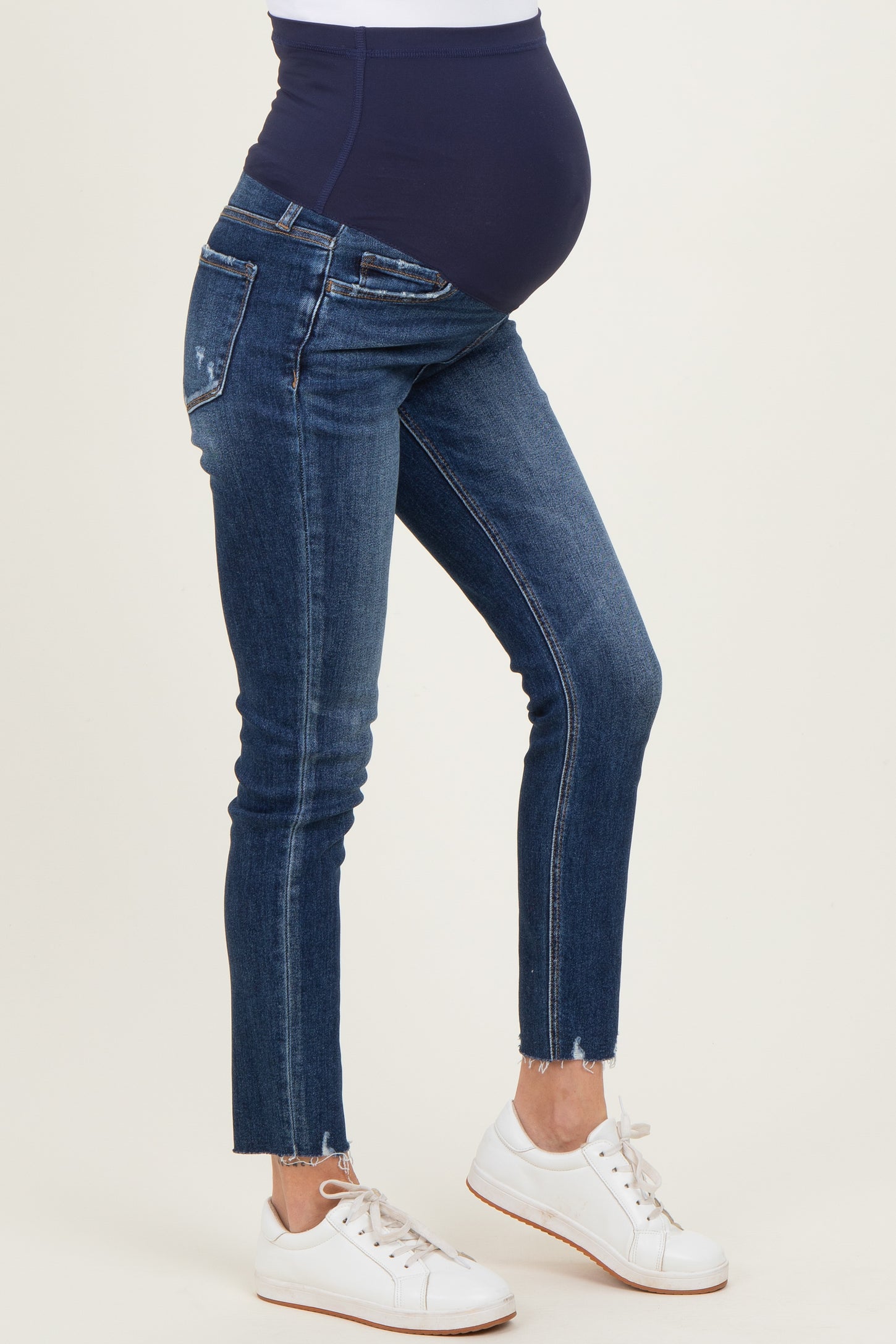 Navy Blue Raw Hem Cropped Skinny Maternity Jeans
