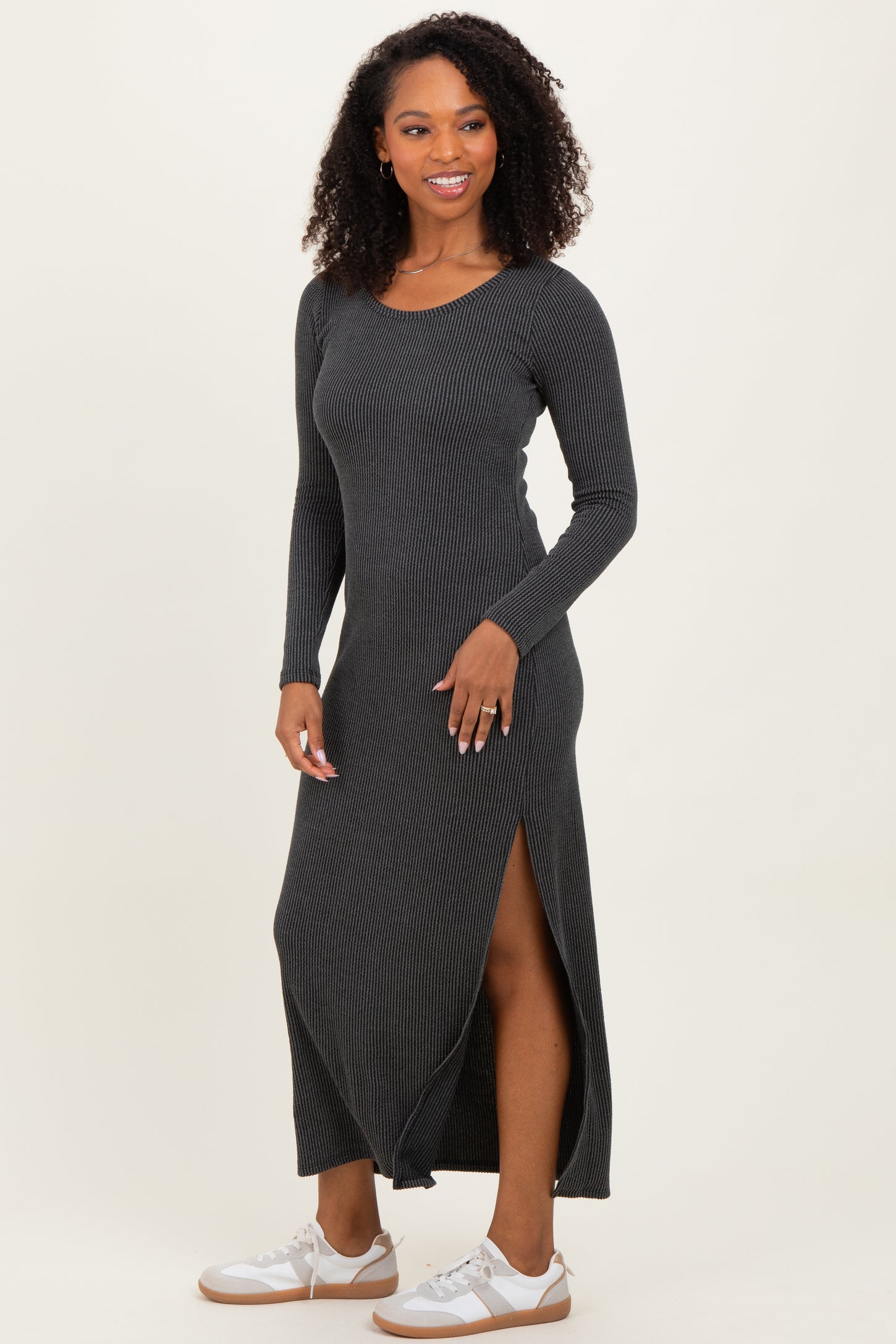 Charcoal Ribbed Long Sleeve Side Slit Maxi Dress