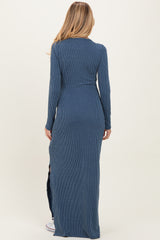 Navy Ribbed Long Sleeve Side Slit Maternity Maxi Dress