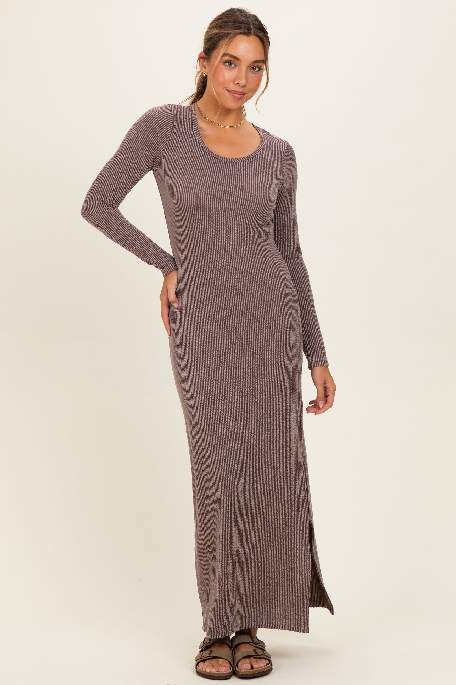 Brown Ribbed Long Sleeve Side Slit Maxi Dress