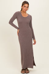 Brown Ribbed Long Sleeve Side Slit Maxi Dress