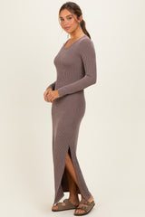 Brown Ribbed Long Sleeve Side Slit Maternity Maxi Dress