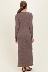Brown Ribbed Long Sleeve Side Slit Maxi Dress