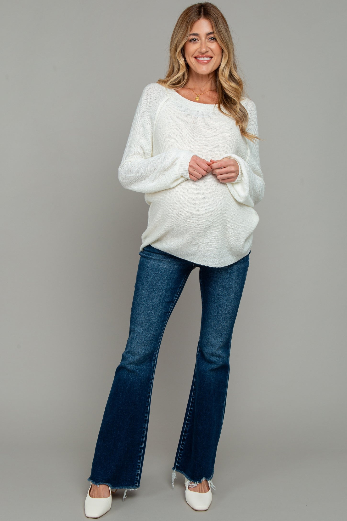 Navy Asymmetrical Frayed Hem Maternity Flare Jeans