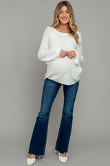 Navy Asymmetrical Frayed Hem Maternity Flare Jeans