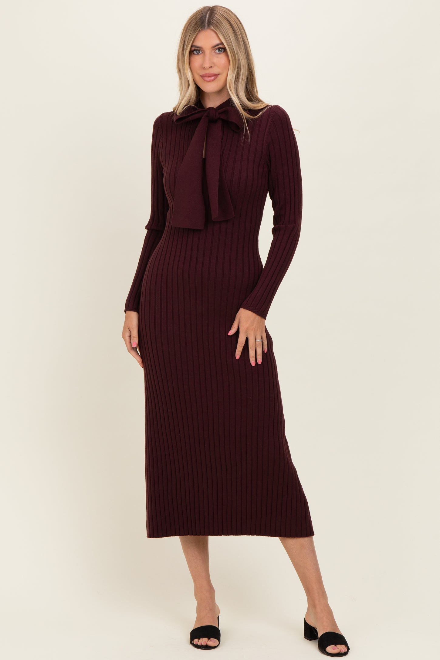 Burgundy Neck Tie Sweater Maternity Dress