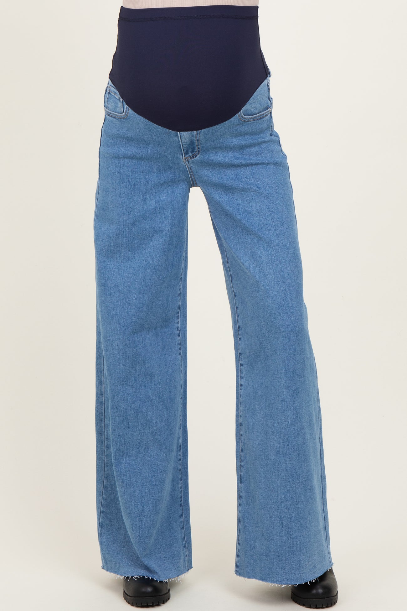maternity wear blue wide leg jeans with a high waistband designed for comfort during pregnancy