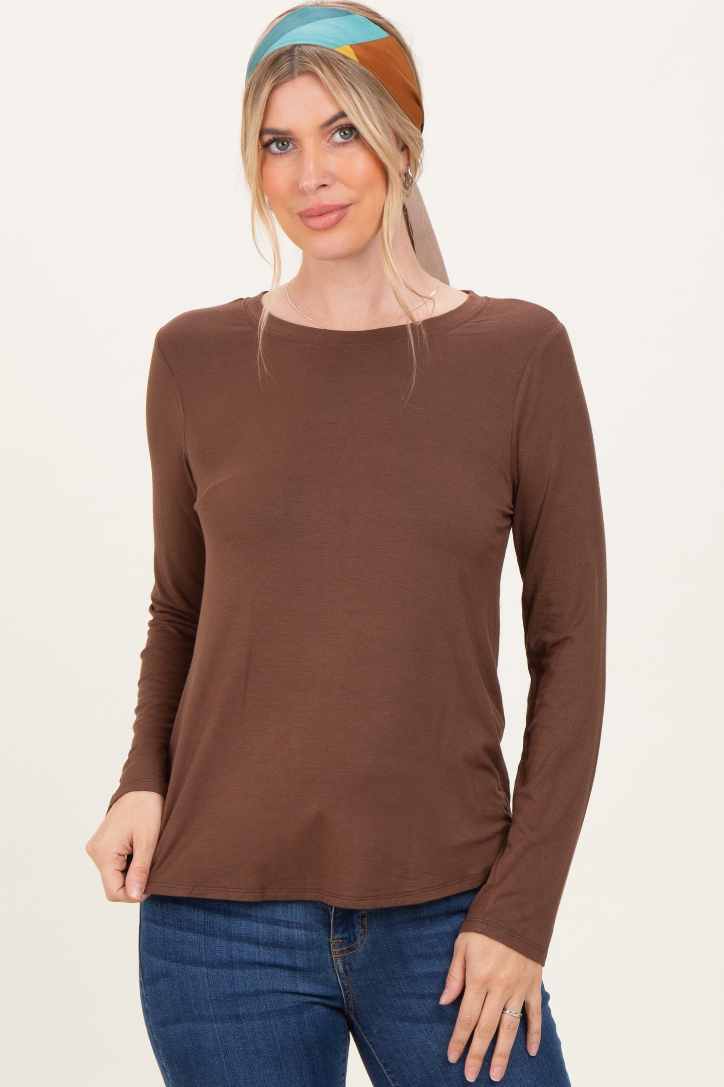 Brown Flowy Round Hem Maternity Long Sleeve Top