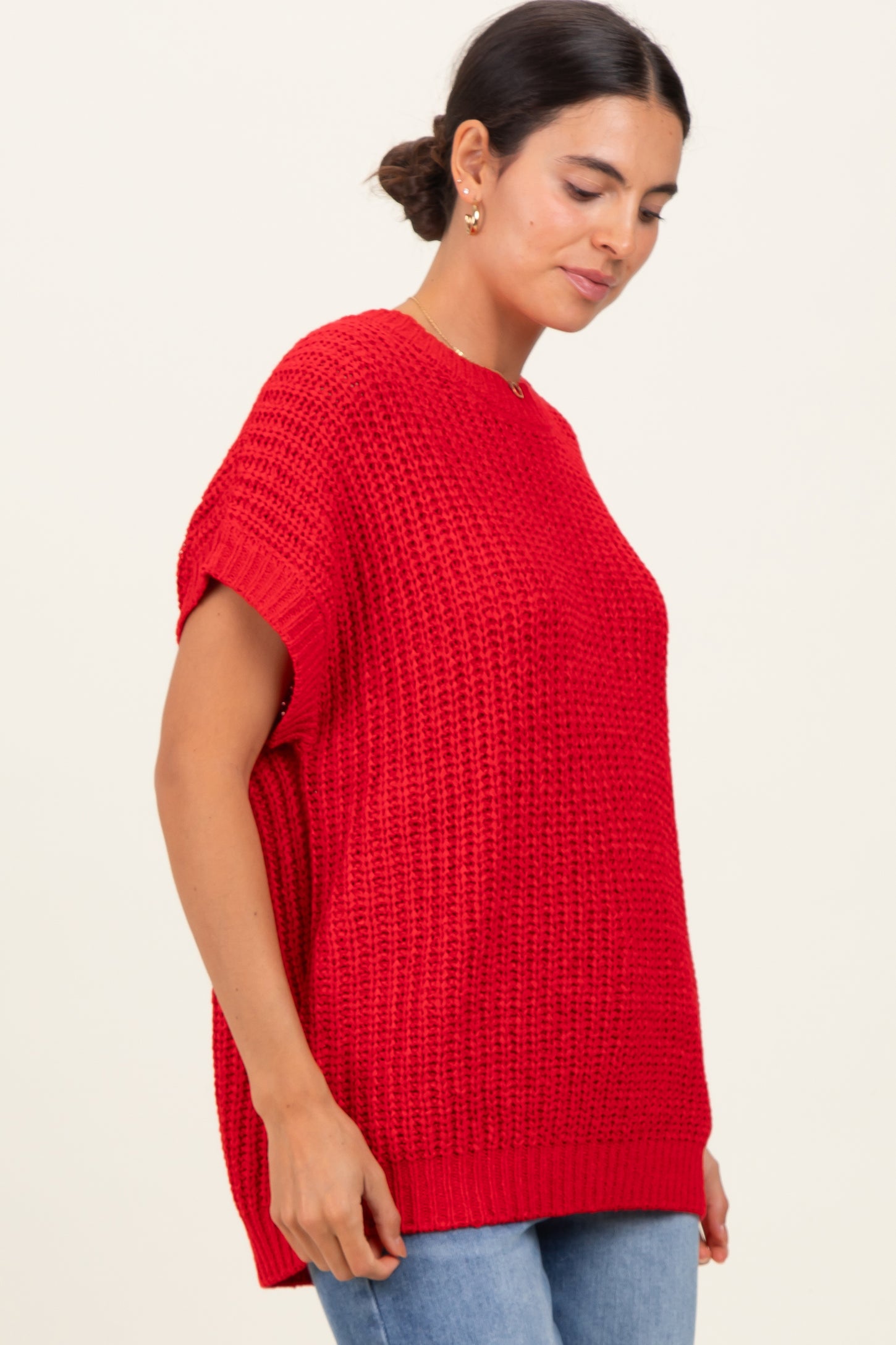 Red Short Sleeve Round Neck Sweater