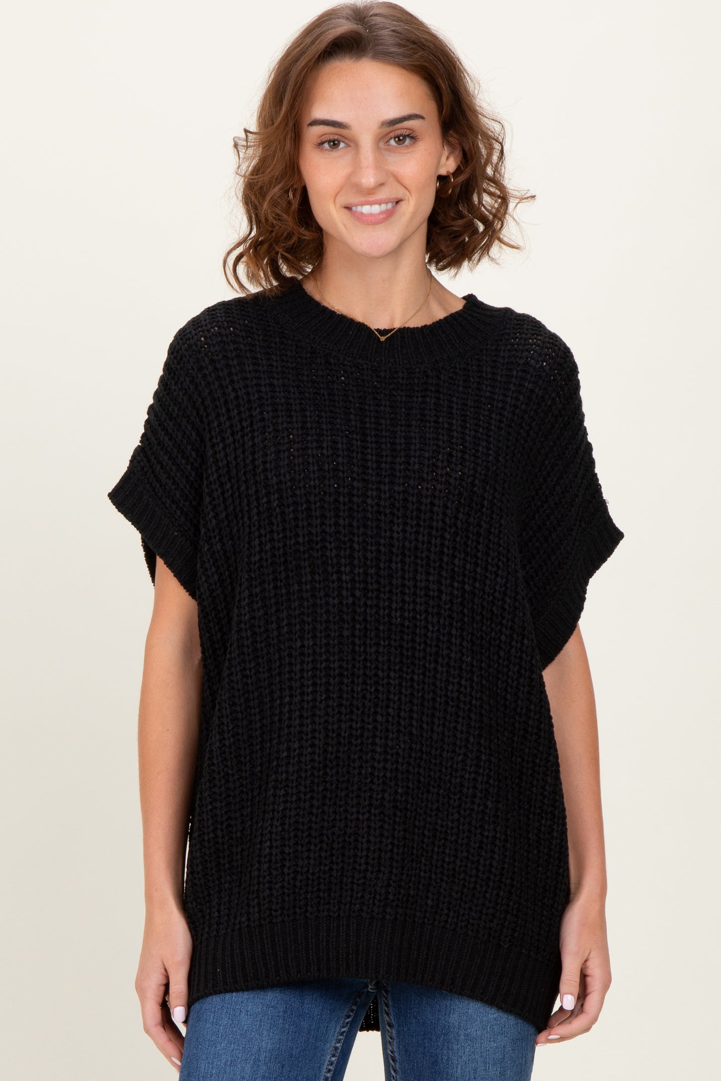 Black Short Sleeve Round Neck Maternity Sweater