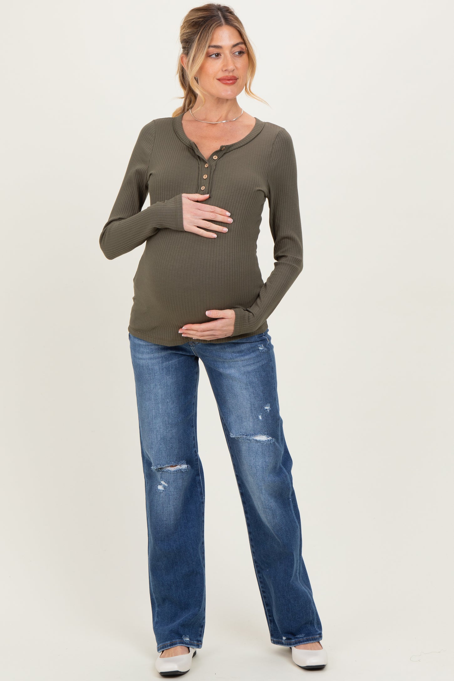 Navy Distressed Open Knee Straight Leg Maternity Jeans